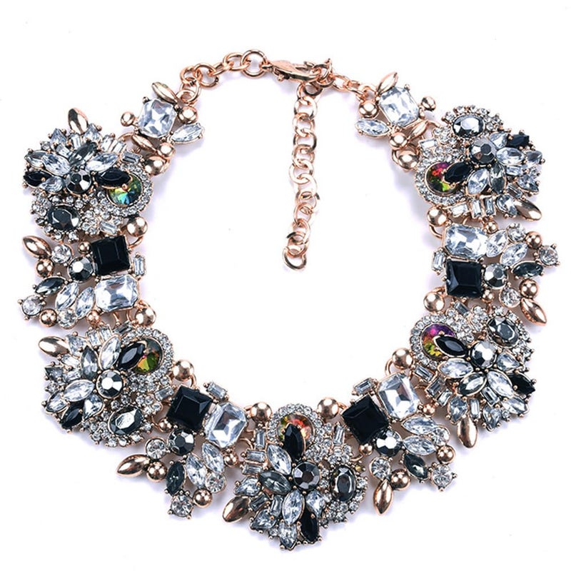 Zthread Rhinestone Bib Statement Necklace Vintage Chunky Chain Choker Collar Necklace Crystal Beads Women Costume Fashion Jewelry Necklace (Black+White) - Image 1